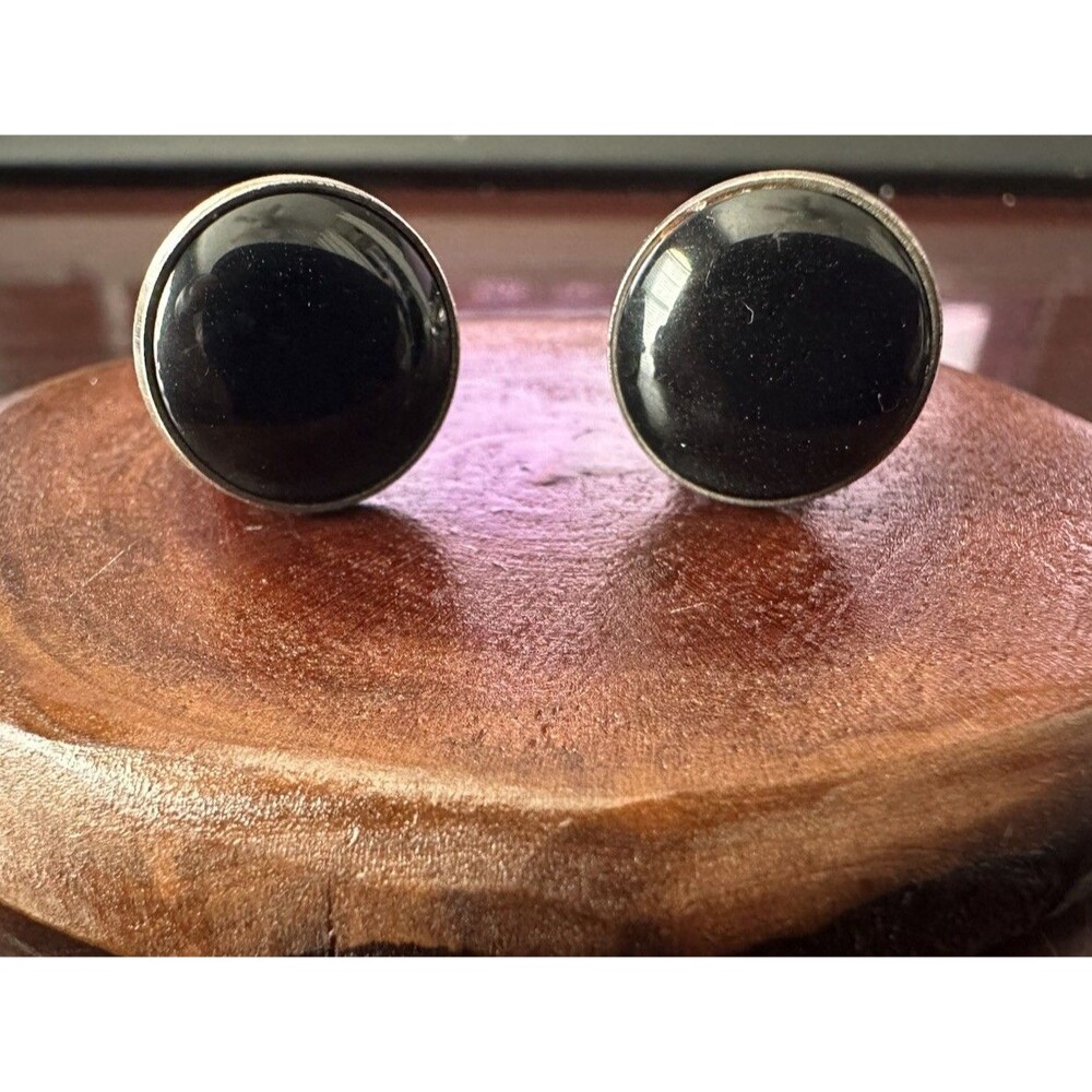 Men's Vintage Pioneer Black Silver Tone Cabochon Cufflinks Round Diameter 9/16"